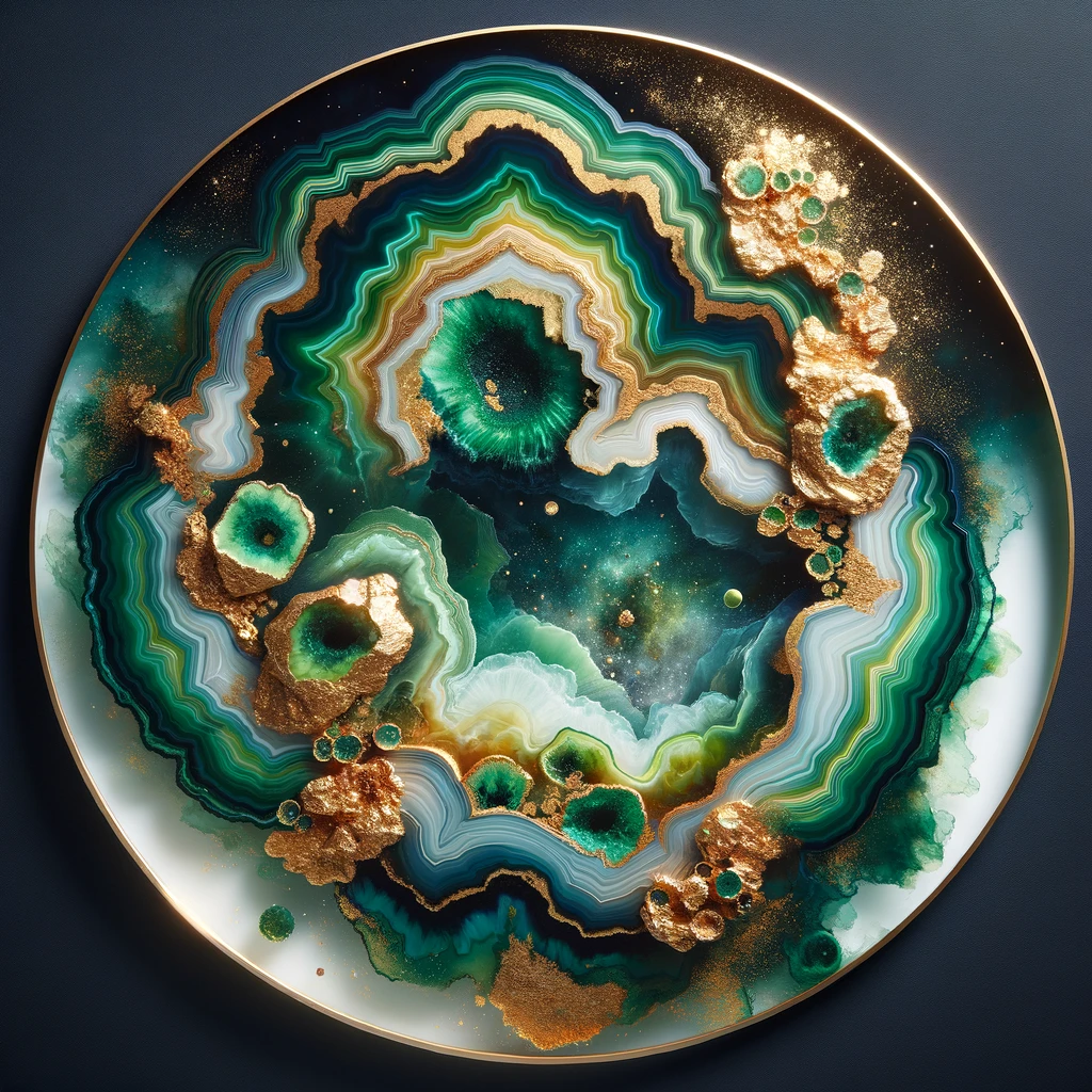 Visualize a geode-inspired resin artwork featuring vibrant greens and gold leaf inclusions, simulating the organic beauty of mineral formations.